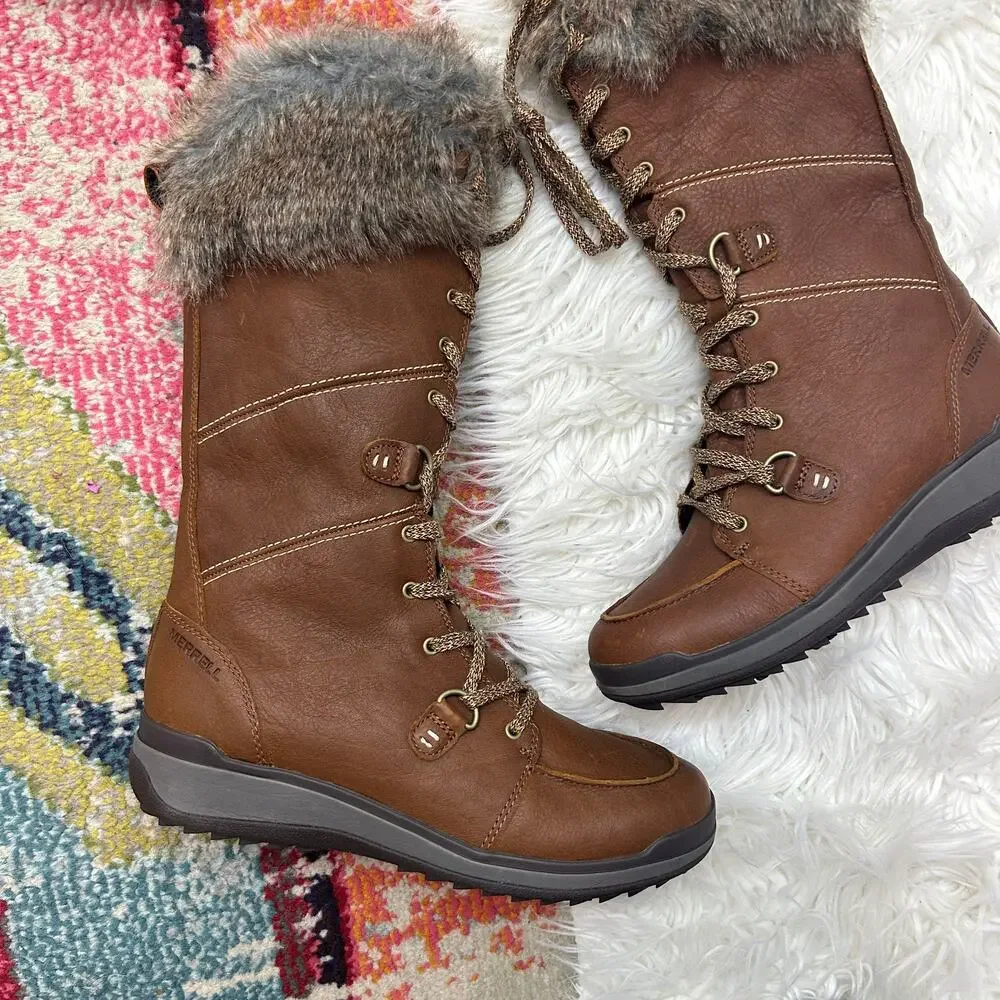 Merrell Snowcreek Tall Polar Waterproof Boots 6.5 Leather Faux Fur Winter Snow